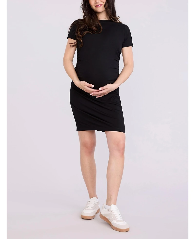 Motherhood Maternity Crewneck Short Sleeve Side Ruched Bodycon Mini Dress