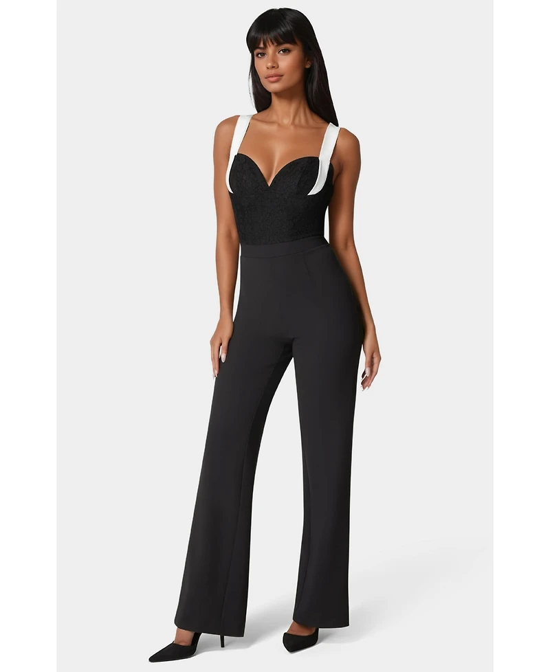 Bebe Women's Lace Insert Flared Jumpsuit