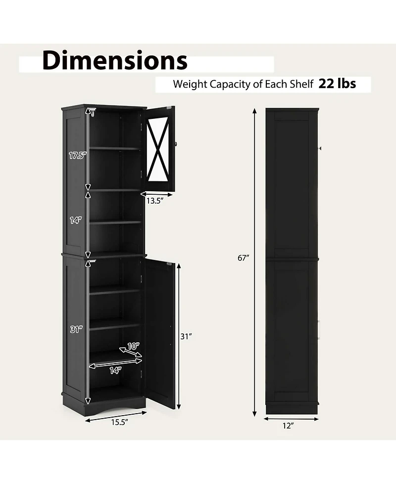 Costway 67" Tall Bathroom Cabinet Freestanding Storage with 5 Adjustable Shelves