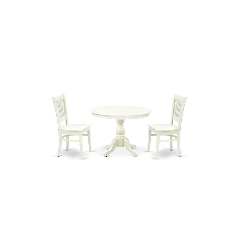 East West Furniture 3-Pc Modern Dining Table Set- 2 Dining Chair and Wooden Dining Table - Wooden Seat and Slatted Chair Back - Linen White Finish