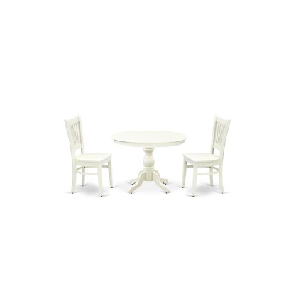 East West Furniture 3-Pc Modern Dining Table Set- 2 Dining Chair and Wooden Dining Table - Wooden Seat and Slatted Chair Back - Linen White Finish