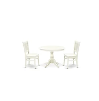 East West Furniture 3-Pc Modern Dining Table Set- 2 Dining Chair and Wooden Dining Table - Wooden Seat and Slatted Chair Back - Linen White Finish