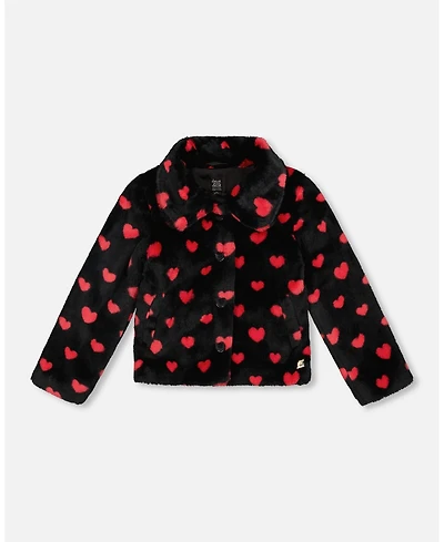 Deux par Girl Faux Fur Short Coat Black and Red with Hearts - Toddler|Child