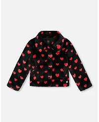 Deux par Girl Faux Fur Short Coat Black and Red with Hearts - Toddler|Child