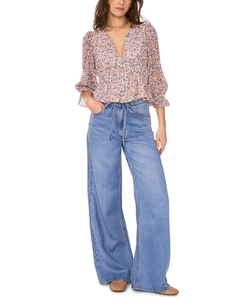 1.state Women's Smocked Waist 3/4-Sleeve Button Down Blouse