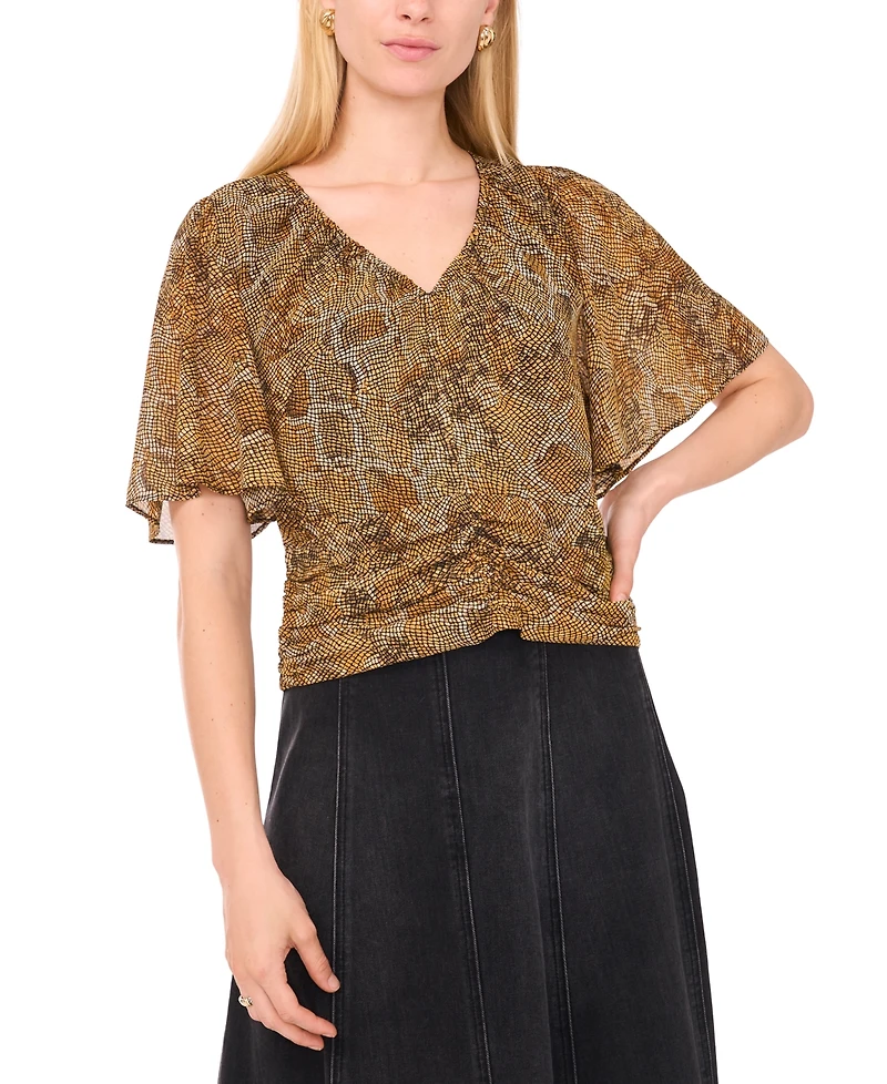 1.state Women's Flutter Center Front V-Neck Shirring Shirt