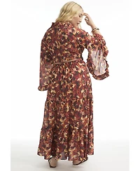 June + Vie Women's Plus Tiered Printed Maxi Skirt