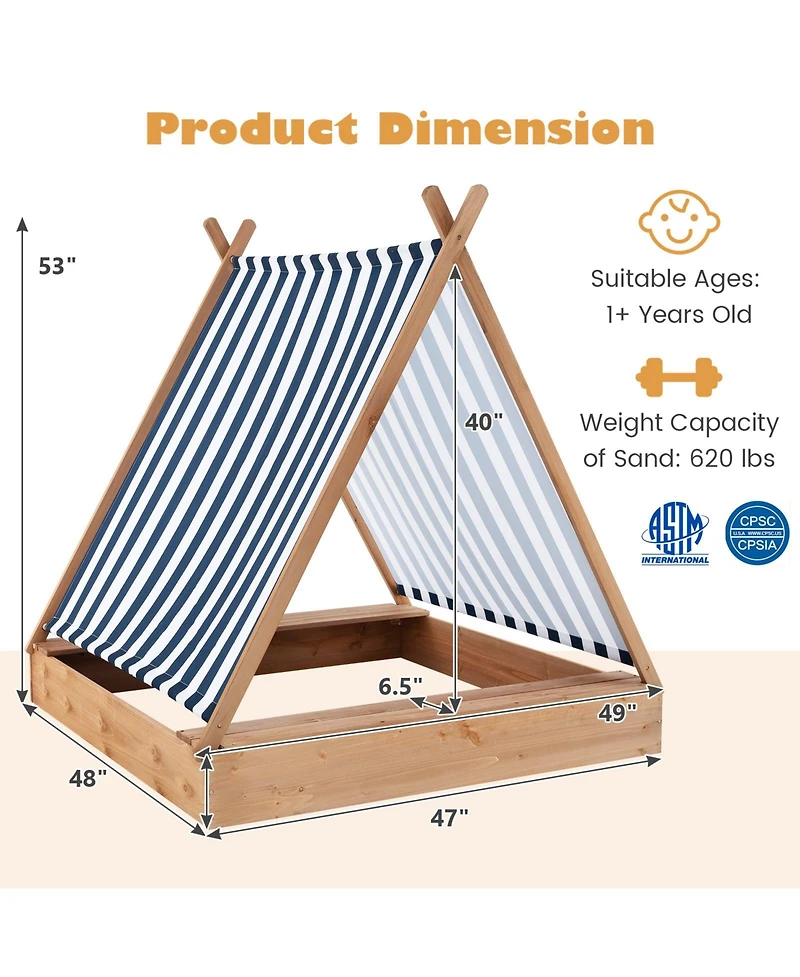 49 x 48 Inch Kids Wooden Sandbox with Cover and 2 Bench Seats
