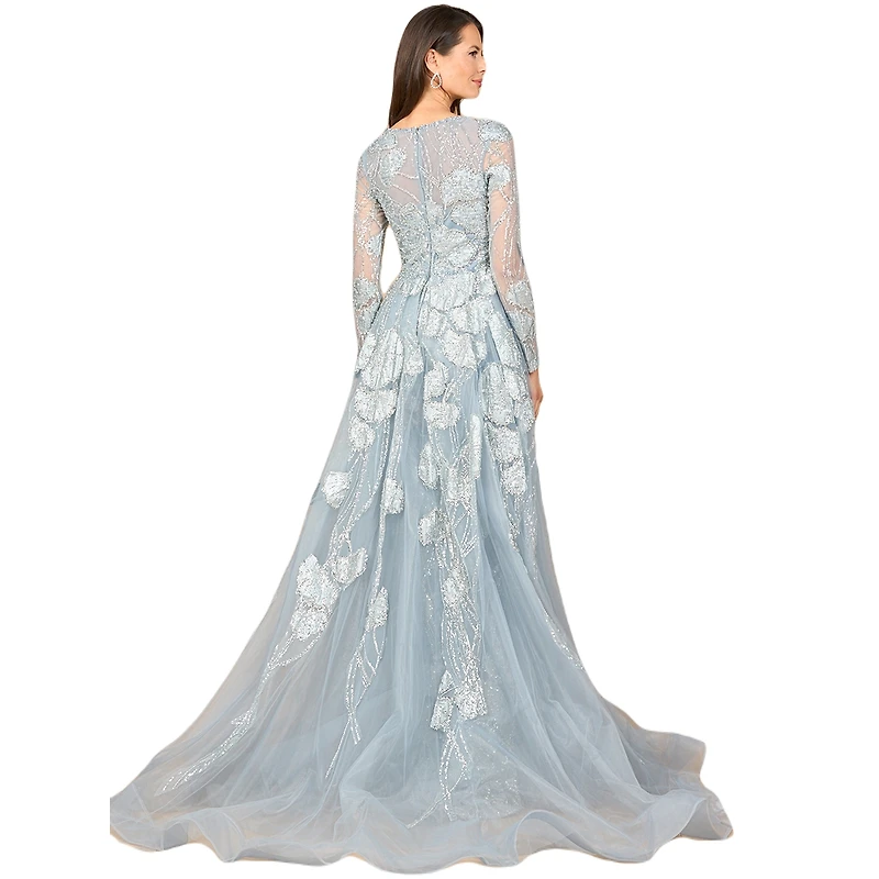 Lara Women's Long Sleeve Lace Gown with Overskirt
