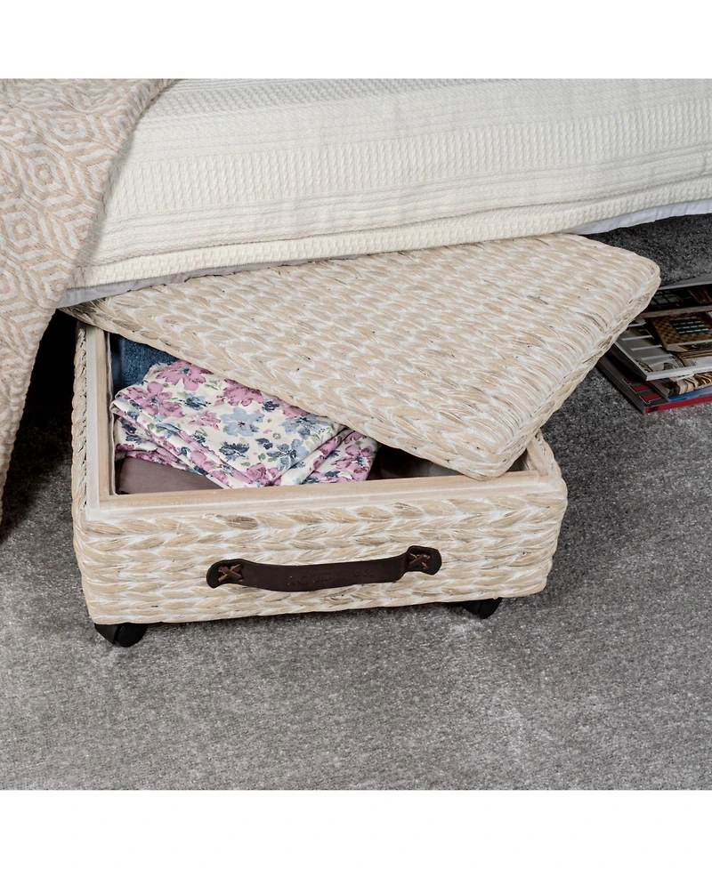 Happimess Chett 26.38" Minimalist Hand-Woven Hyacinth/Wood Underbed Storage Bin with Wheels and Handles
