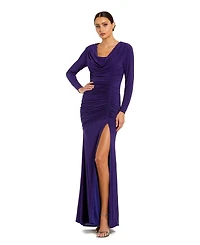 Mac Duggal Women's Long Sleeve Cowl Neck Jersey Gown With Slit