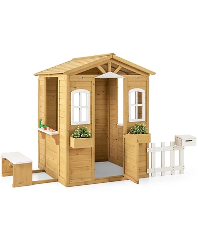 Wood Playhouse with Bench and Serving Stations for 2+ Years Old Kids