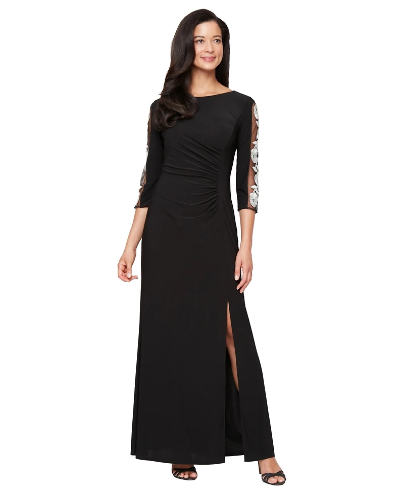 Sl Fashions Women's Embroidered Illusion Inset Sleeves Dress