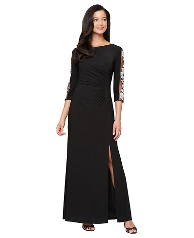 Sl Fashions Women's Embroidered Illusion Inset Sleeves Dress