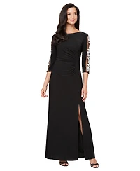 Sl Fashions Women's Embroidered Illusion Inset Sleeves Dress