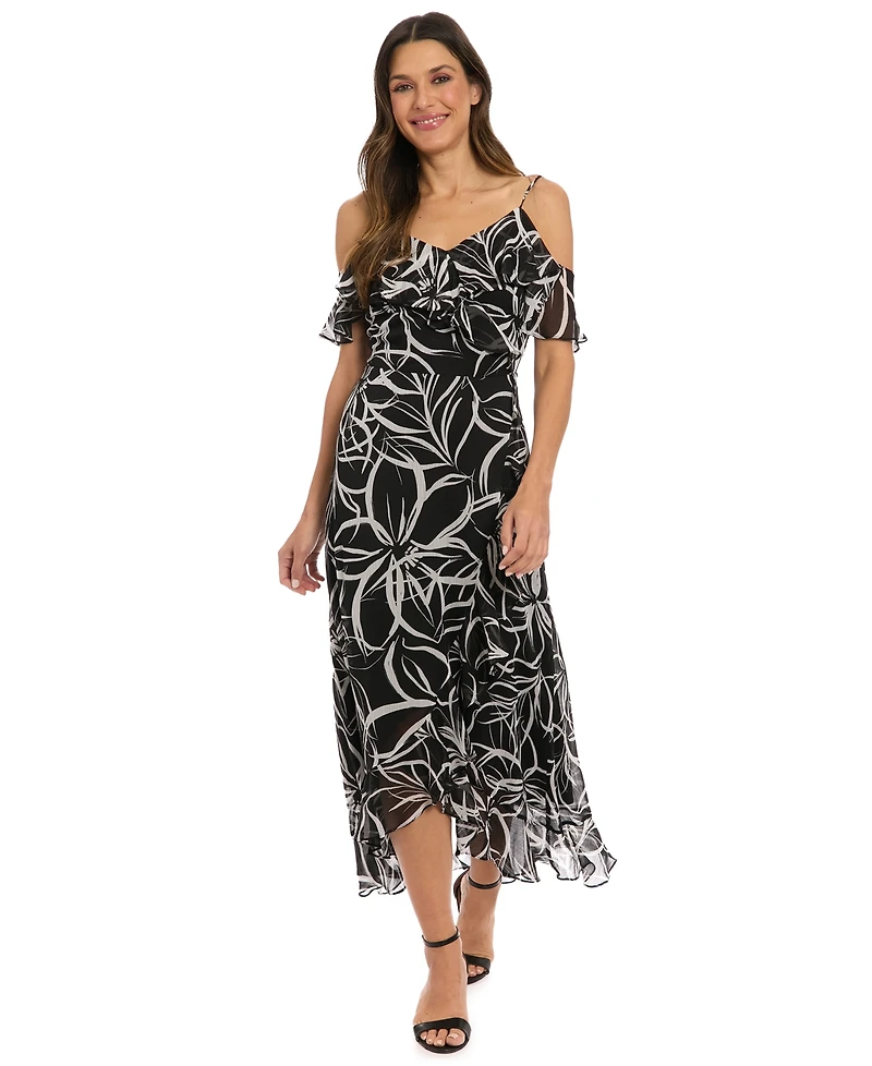 London Times Petite Printed Cold-Shoulder Maxi Dress