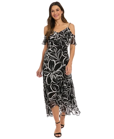 London Times Petite Printed Cold-Shoulder Maxi Dress
