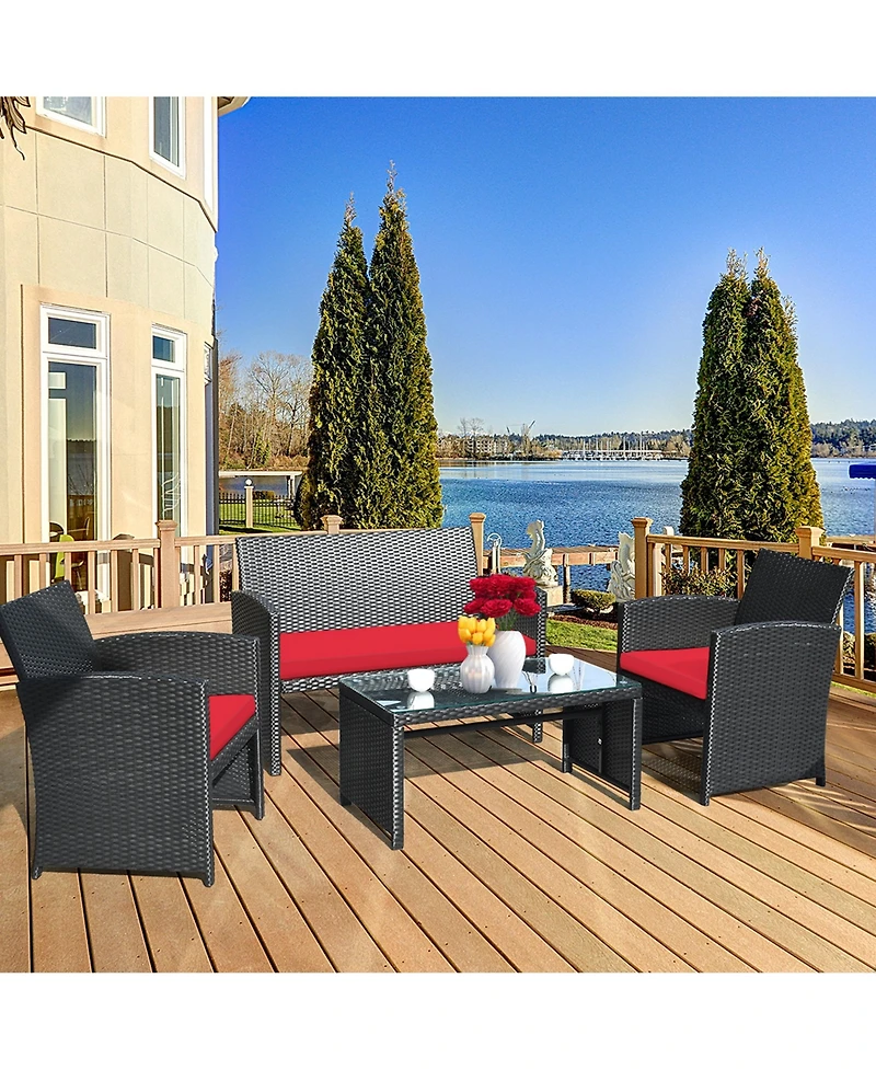 Gymax 4PCS Rattan Outdoor Conversation Set Patio Furniture Set w/ Red Cushions