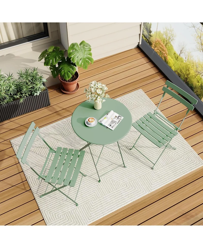 gaomon 3 Pieces Green Patio Bistro Set, Folding Table & Chairs, Metal Frame, Weather Resistant, Space Saving for Indoor & Outdoor