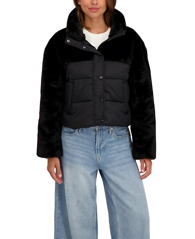 Sebby Collection Women's Short Mix Media Puffer Jacket