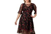 Women's Plus Wildflower Embroidered Floral Mesh Cocktail Dress