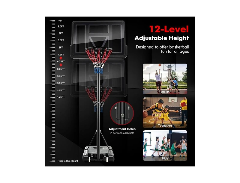 4.25 to 10 Feet Adjustable Basketball Hoop System with Holes and 2 Nets