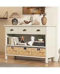 Casainc Console Table Cabinet with 3 Storage Drawers Water Hyacinth Woven Baskets