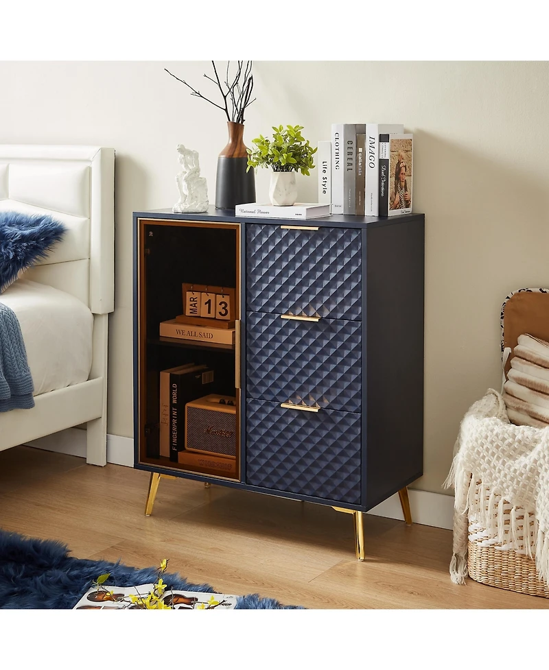 Casainc Deluxe Carved Style Cabinet with Tempered Glass Doors Three Drawer Metal Legs Adjustable Feet