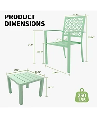 gaomon 3 Pcs Green Patio Bistro Set, Outdoor Stackable Steel Chairs & Square Coffee Table for Balcony, Porch, Garden, Lawn