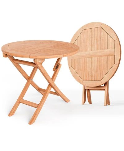 Gymax 31.5-inch Round Outdoor Folding Table Patio Solid Indonesia Teak Dining Table
