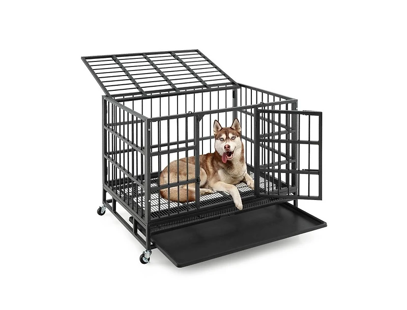 38 Inch Foldable Heavy-Duty Metal Dog Cage with Lockable Rolling Casters and Tray