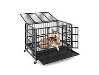 38 Inch Foldable Heavy-Duty Metal Dog Cage with Lockable Rolling Casters and Tray