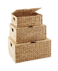 Casafield Set of Water Hyacinth Storage Baskets (Medium/Large), Multipurpose Organizer Rectangular Totes with Removable Lids