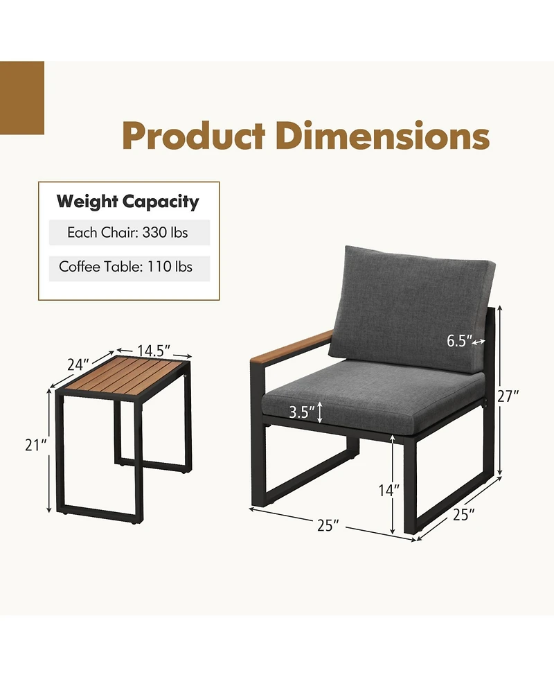 Gymax 3 Pcs Patio Furniture Set Weatherproof Outdoor Conversation Set w/ Soft Cushions