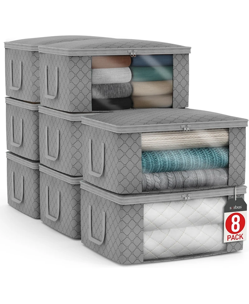 Sorbus 8 Pack Medium Foldable Clothes Storage Bags with Clear Window, Zipper Lid and Carry Handles - for Organizing Bedroom, Closet, Home