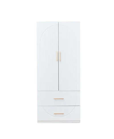 livelylodge White 2-Door Wardrobe Armoires with Hanging Rod,Wooden Closet 2-Drawer
