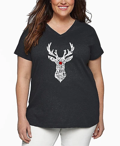 La Pop Art Plus Size Santa's Reindeer Word Art V-Neck T-Shirt