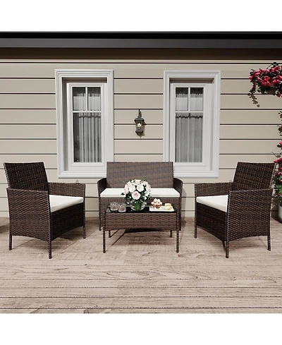 gaomon 4 Piece Wicker Rattan Patio Conversation Set with 2 Chairs, Loveseat & Coffee Table for Front Porch, Balcony, Bistro Use