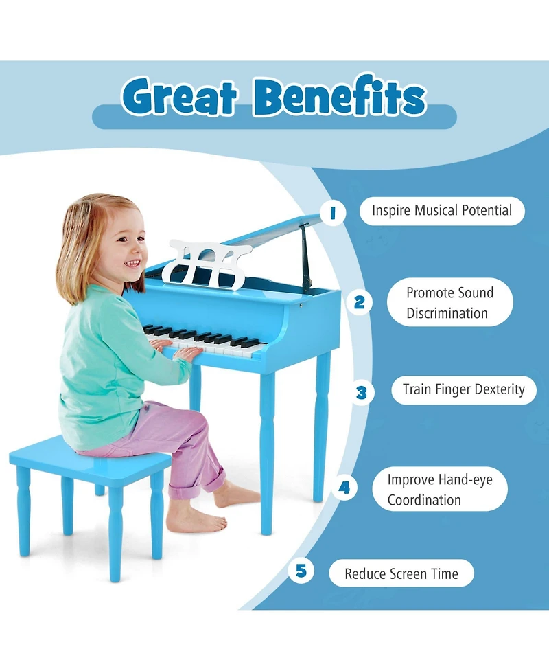 Akiudex 30-Key Wood Toy Kids Grand Piano with Bench and Music Rack