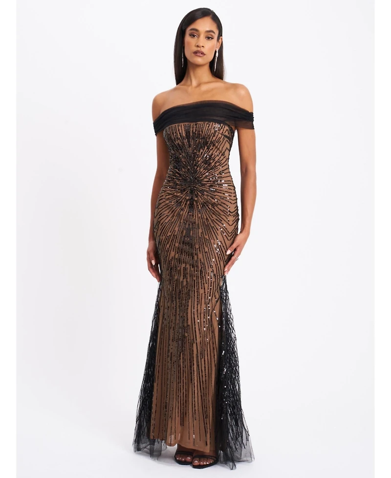 Miss Circle Women's Qeturah Embroidered Sequin Off Shoulder Mesh Gown