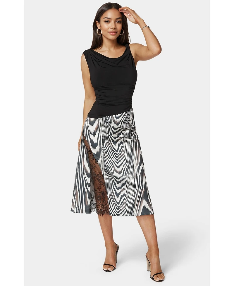 Bebe Asymmetrical Lace Insert Satin Skirt