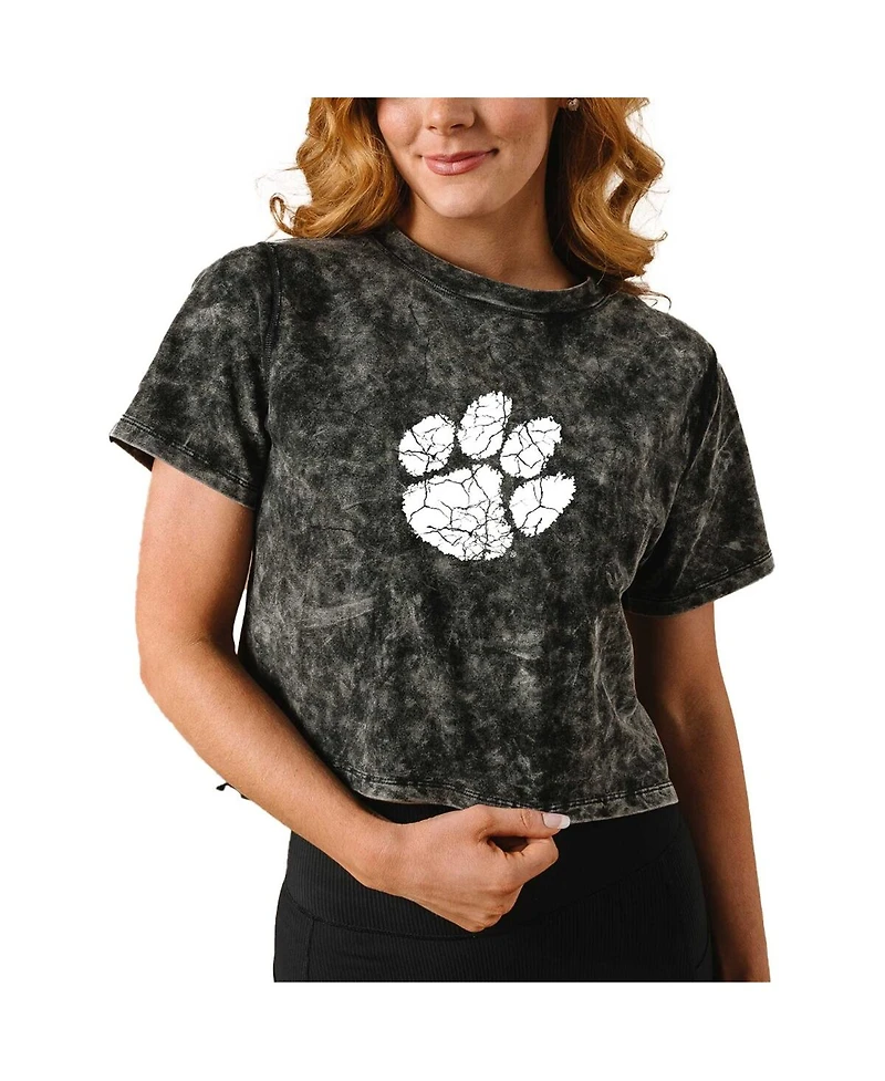 Kadyluxe Women's Black Clemson Tigers Vintage Wash Milky Silk Cropped T-Shirt