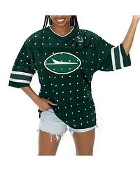Gameday Couture Women's Green New York Jets Kickoff Time Allover Rhinestone Sports Stripe Jersey V-Neck T-Shirt