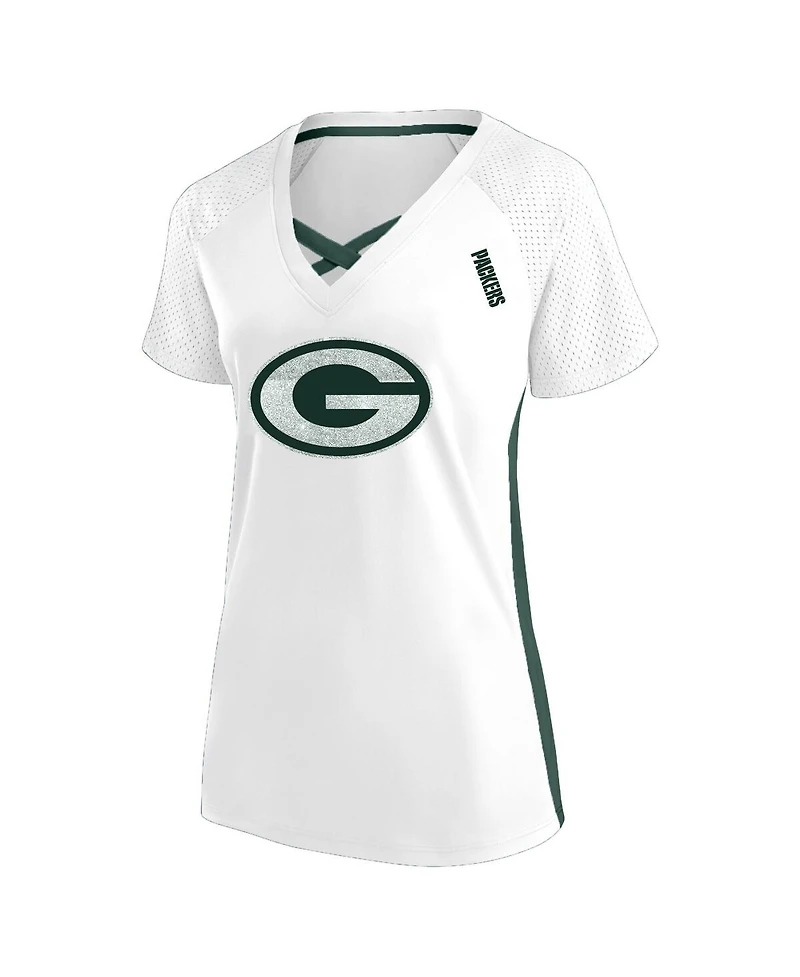 Fanatics Women's White Green Bay Packers Plus Glitter Lace-Up V- Neck T-Shirt