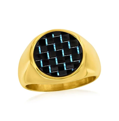 Stainless Steel, Blue Carbon Fiber Ring - Gold Plated