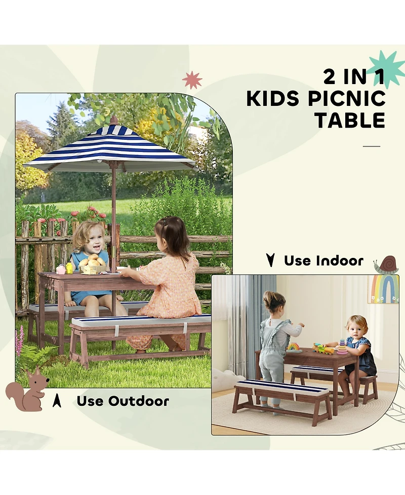 Qaba Kids Picnic Table, Wooden Table & Bench Set w Cushions, Umbrella,