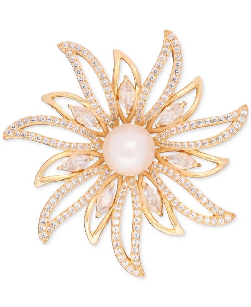 Cultured Freshwater Pearl (9-1/2mm) & Cubic Zirconia Sunburst Convertible Pin to Pendant in 18K Gold-Plated Sterling Silver