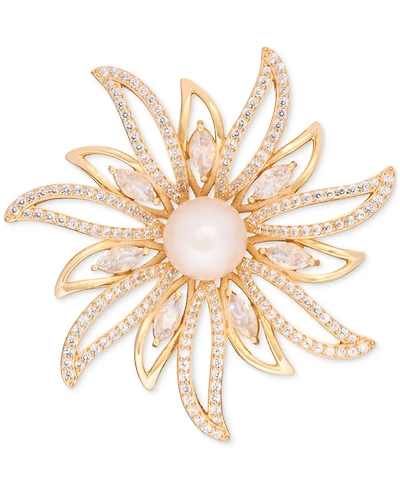 Cultured Freshwater Pearl (9-1/2mm) & Cubic Zirconia Sunburst Convertible Pin to Pendant in 18K Gold-Plated Sterling Silver