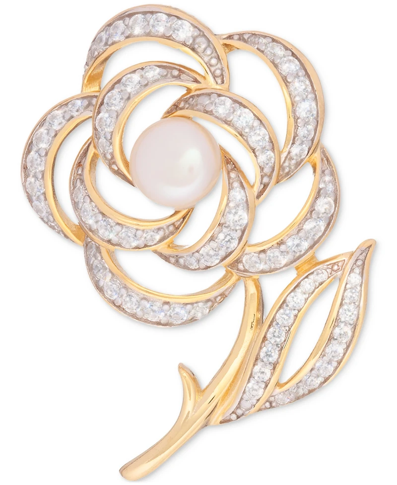 Cultured Freshwater Pearl (6-1/2mm) & Cubic Zirconia Flower & Stem Pin in 18k Gold-Plated Sterling Silver