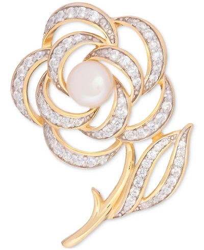 Cultured Freshwater Pearl (6-1/2mm) & Cubic Zirconia Flower & Stem Pin in 18k Gold-Plated Sterling Silver